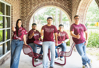 Texas A&M Engineering Academies 2024-2025 cohort will consist of 30 students when it begins in the fall and for the first time will welcome a close-knit group of friends from Roma who are eager to give back to their community as future professionals. Left to right, Maricruz Hinojosa, project manager with the Texas A&M Engineering Academies program; German Rivera; Juan Jesus Garza; Santiago De La Rosa and Sebastian Gonzalez. 